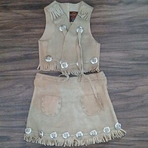 Girls Tan Fringe Vest and Skirt Set
